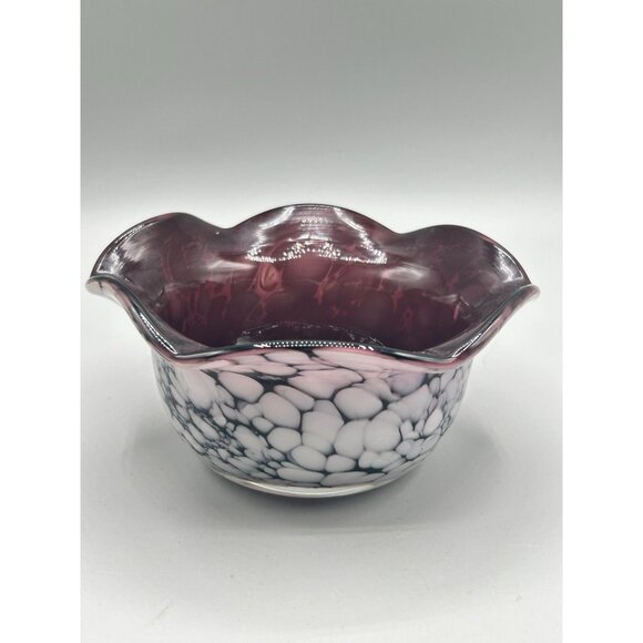 Art Glass Ruffled Edge Bowl Purple White Handmade Candle Holder Trinket Dish - Picture 2 of 10